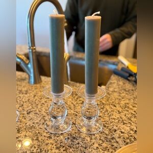 Simon Pearce Glass Candle Holder with Gray Candles - Set of 2